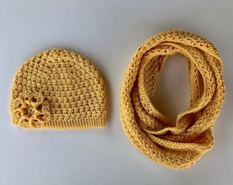 READY TO SHIP/Adult Medium-Large Size/Hat & Scarf Set/Yellow Hat and Infinity Scarf/Cowl/Looped Neck Scarf/Flower Hat/Ladies/Cute Winter Set