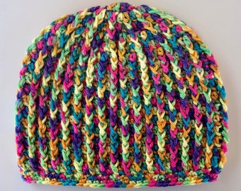 Chapeau multicolore/Bonnet de couleur vive/Couleurs mélangées/Texture douce/Casquette confortable/Unisexe/Ados/Petite/Adulte/Femmes/Dames/Chapeau au crochet fait à la main