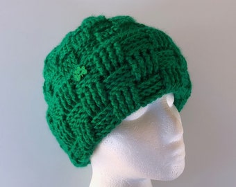 Kelly Green Shamrock Hat with Folded Cuff/Clover Beanie/Warm Thick Cuffed Hat/Youth/Teen/Petite/Adult/Unisex Hat/Handmade Hat/Ready to Ship