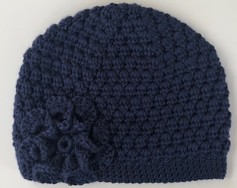 Blue Hat/Crochet Hat/Pretty Cute Beanie/Soft Comfy Cozy/Warm Winter/Hat with Flower/Youth/Adult/Women/Ladies/Toque/Handmade Crochet Hat