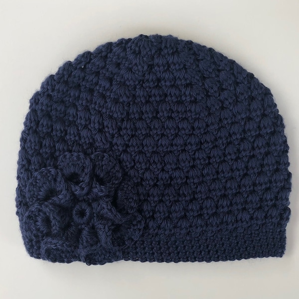 Blue Hat/Crochet Hat/Pretty Cute Beanie/Soft Comfy Cozy/Warm Winter/Hat with Flower/Youth/Adult/Women/Ladies/Toque/Handmade Crochet Hat