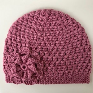 Pink Hat/Crochet/Warm Winter Hat/Super Cute Beanie/Pretty Soft Cozy/Hat with Flower/Youth/Adult/Women/Ladies/Toque/Handmade Crochet Hat