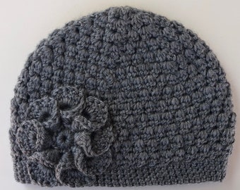 Gray Crochet Beanie: Handmade Acrylic Flower Hat