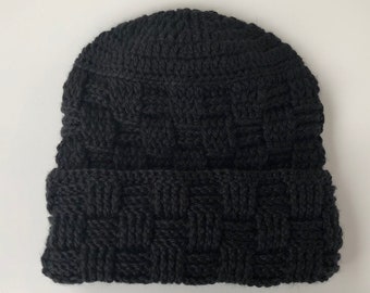 Black Beanie/Crochet Cuffed Hat/Folded Brim Beanie/Textured Hat/Warm Winter Hat/Thick Cozy Hat/Youth/Teen/Adult/Unisex Hat/Handmade Beanie
