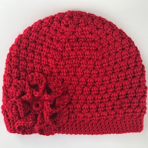 Red Hat/Bright Red Beanie/Handmade Crochet Hat/Soft Cozy Comfy Hat/Hat with Flower/Warm Winter Hat/Petite/Teen/Youth/Adult/Women/Ladies Cap