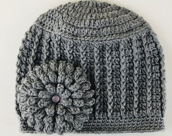 Gray Crochet Beanie: Handmade Acrylic Winter Hat with Flower