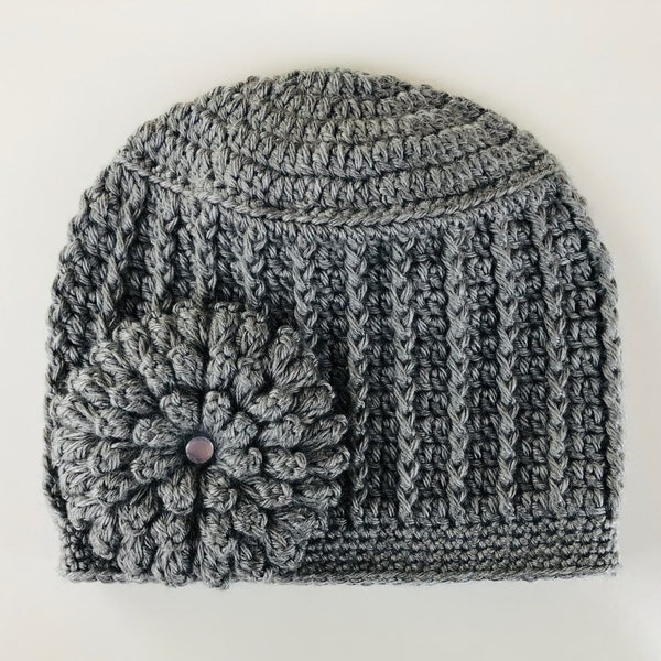Gray Hat/Crochet Hat/Pretty Cute/Warm Winter Beanie/Soft Cozy Warm Hat/Big Flower Hat/Teen/Adult/Women/Ladies/Toque/Handmade Crochet Hat