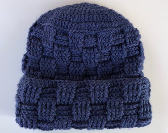 Bonnet bleu avec manchette/chapeau au crochet/bonnet à revers/chapeau avec bord plié/chapeau d'hiver confortable/chaud/jeunes/adultes/hommes/femmes/chapeau unisexe/bonnet fait main