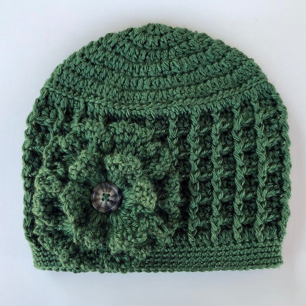 Green Hat/Crochet Hat/Warm Winter Beanie/Big Flower Hat with Button/Pretty Cute Beanie/Youth/Adult/Women/Ladies/Toque/Handmade Crochet Hat