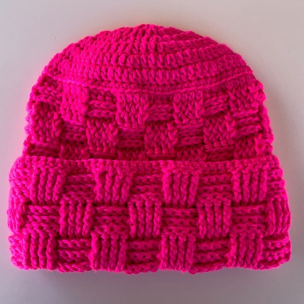 Blaze Pink Hat/Bright Neon Hot Pink Hat/Crochet Beanie/Thick Chunky Warm/Cuffed Beanie/Rolled Brim/Youth/Petite/Adult/Ladies/Women/Handmade