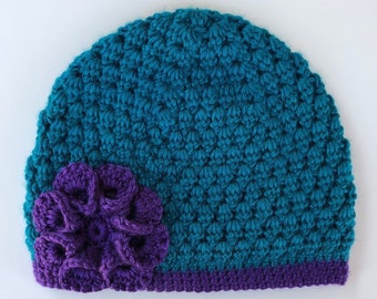Green and Purple Hat/Crochet/Warm Winter Beanie/Hat with Flower/Soft Pretty Hat/Youth/Teen/Adult/Women/Ladies/Toque/Handmade Crochet Hat