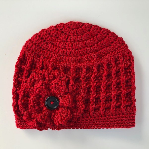 Red Hat/Bright Red Beanie/Crochet Hat/Big Flower Hat with Button/Pretty Cute Beanie/Petite/Teen/Youth/Adult/Women/Ladies/Toque/Handmade Cap