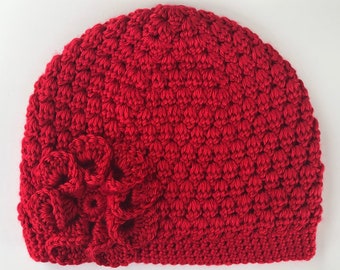 Red Hat/Bright Red Beanie/Handmade Crochet Hat/Soft Cozy Comfy Hat/Hat with Flower/Warm Winter Hat/Petite/Teen/Youth/Adult/Women/Ladies Cap