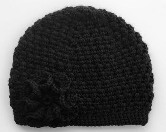 Black Hat/Crochet Hat/Soft Pretty Cute/Comfy Cozy Hat/Warm Winter Beanie/Flower Hat/Youth/Adult/Women/Ladies/Toque/Handmade Crochet Hat