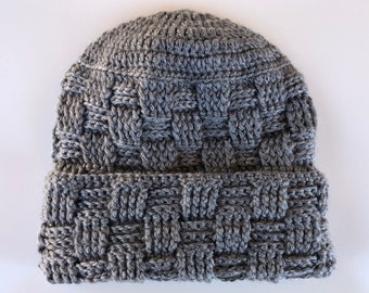 Chapeau gris avec manchette/bonnet à revers au crochet/bord plié/chapeau d'hiver chaud/chapeau épais et confortable/jeunesse/ado/adulte/homme/chapeau unisexe/chapeau au crochet fait main