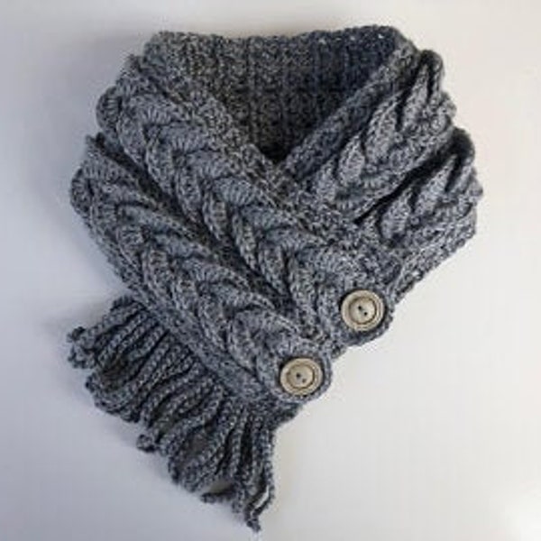 MADE TO ORDER/Crochet Neck Scarf/Double Braided Scarf with Fringe/Button Scarf/Cow Warmer/Cowl Scarf/Short Neck Scarf/Scarf with Buttons