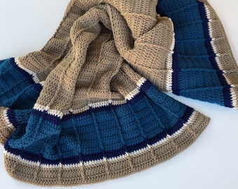 Made-to-Order Crochet Blanket: Soft Blanket, Acrylic Afghan, Custom Sizes, Taupe & Blue Stripes