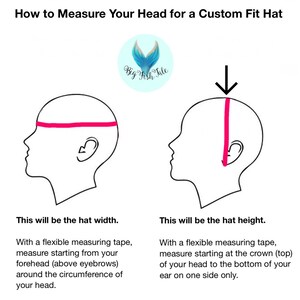 May include: Diagram showing how to measure your head for a custom fit hat. The first image shows how to measure the width of your head using a flexible measuring tape. The second image shows how to measure the height of your head using a flexible measuring tape.