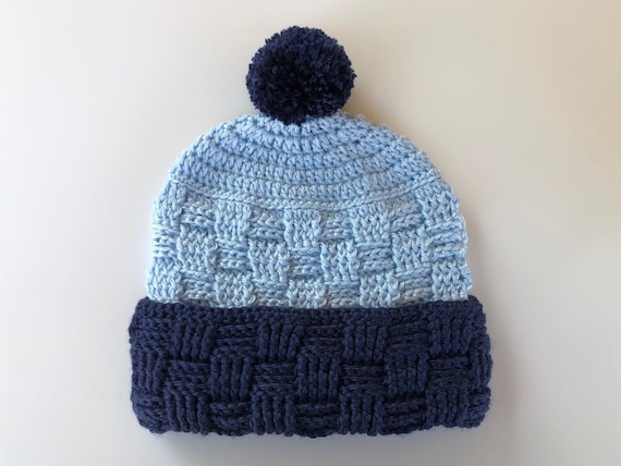 Crochet blue pom pom winter beanie hat handmade Gift Set for newborn Handmade Crochet Beanie Hat and Car  main image 3
