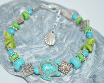 Bracelet Sea Turtle & Star Fish, Green and Blue Bead Beachy Bracelet, Sea Turtle Bracelet, Star Fish Bracelet, Beachy Bracelet, Sea Turtle