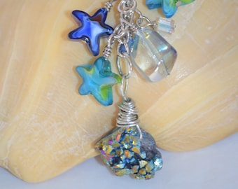 Swivel Clip Keychain / Bag Clip Druzy & Starfish, Druzy Keychain, Starfish Beach Keychain, Beachy Glass Bead Keychain, Beachy Bag Clip