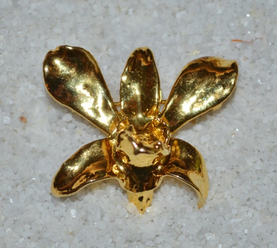 Vintage Brooch, Lady Slipper Orchid Brooch, Gold O