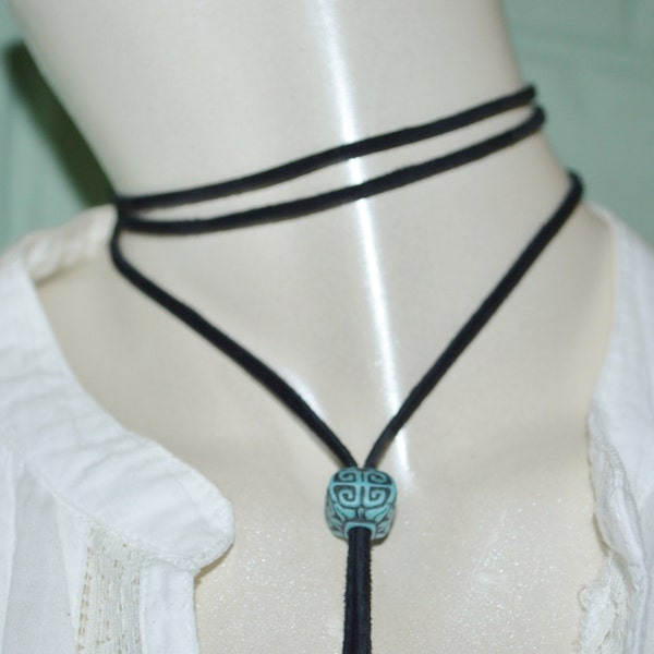 Choker Black Suede, 64" Leather Bolo Choker, Black Suede Bolo Choker, Long Suede Bolo Choker, Black Choker, Black with Turquoise Beads Bolo