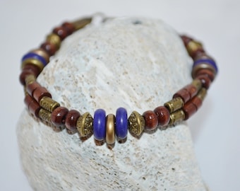 Bracelet Blue & Wood Beads, Blue and Bronze Bracelet, Dark Blue Bead Bracelet, Wood Bead Bracelet, 1 of a kind Beaded Bracelet