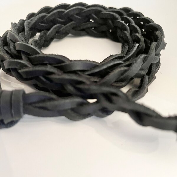 Black Genuine Leather Thin Braided Boho  Belt 58"