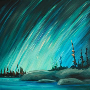 painting, landscape, northern lights, home decor, landscape painting, landscape art, art, artist, canadian artist, ontario, wall art image 1