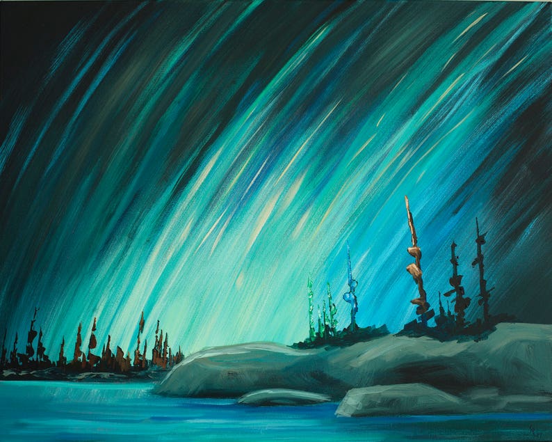 painting, landscape, northern lights, home decor, landscape painting, landscape art, art, artist, canadian artist, ontario, wall art image 1