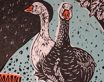 Abigail and Amelia, limited edition, Lino and Screen Print of two Geese. 2018.