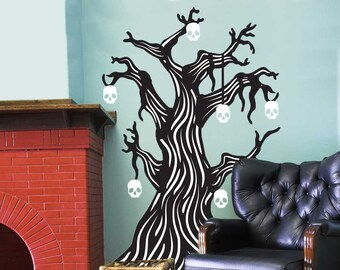 Twisted  Bone Tree Wall Decal Kit - Halloween Black and White Tree with Skulls Decal by Chromantics