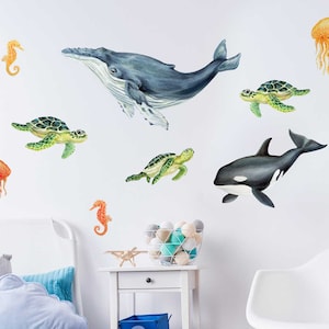 Illustrated Sea life Watercolor Wall Decal Kit Whale & Sea Turtle Wall Decal by Chromantics image 2