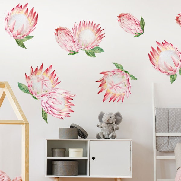 King Protea Watercolor Wall Decal Kit - Pink Flower Wall Decal by Chromantics