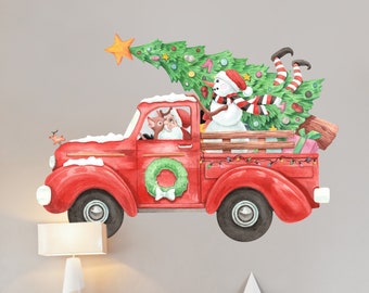 Santa's Big Red Truck Wall Decal Sticker -  Holiday Vintage Truck with Santa and Frosty Wall Decal Kit by Chromantics