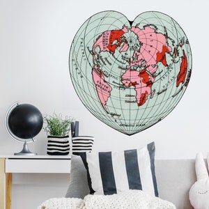 Herzförmige Globus Vintage Weltkarte Aufkleber Wandbild - Weltkarte Aufkleber von Chromantics