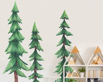 Extra Large Watercolor Pine Tree Wall Decals: Forest Nursery Decor - Set of 3