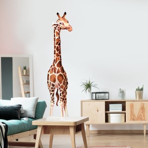 May include: A watercolor illustration of a giraffe standing on a white wall. The giraffe is brown and has a long neck and legs. The giraffe is looking to the right.