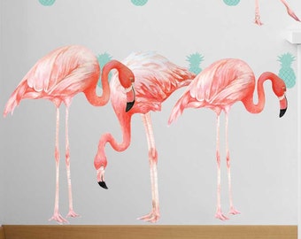 Pink Flamingo Watercolor Wall Decal Kit - Large Tropical Flamingo & Pineapple Wall Decal - Reusable Wall Decal by Chromantics