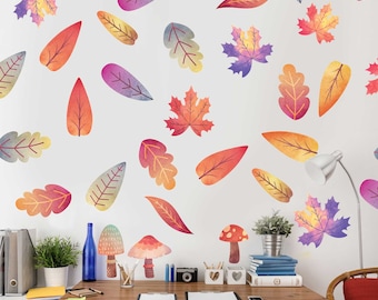 Autumn Leaves Watercolor Wall Decal Kit - Colorful Leaf Wall Decal by Chromantics