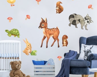 Illustrated Forest Wall Decal Kit - Deer and Rabbit Watercolor Wall Decal for Nursery and Kids Rooms by Chromantics