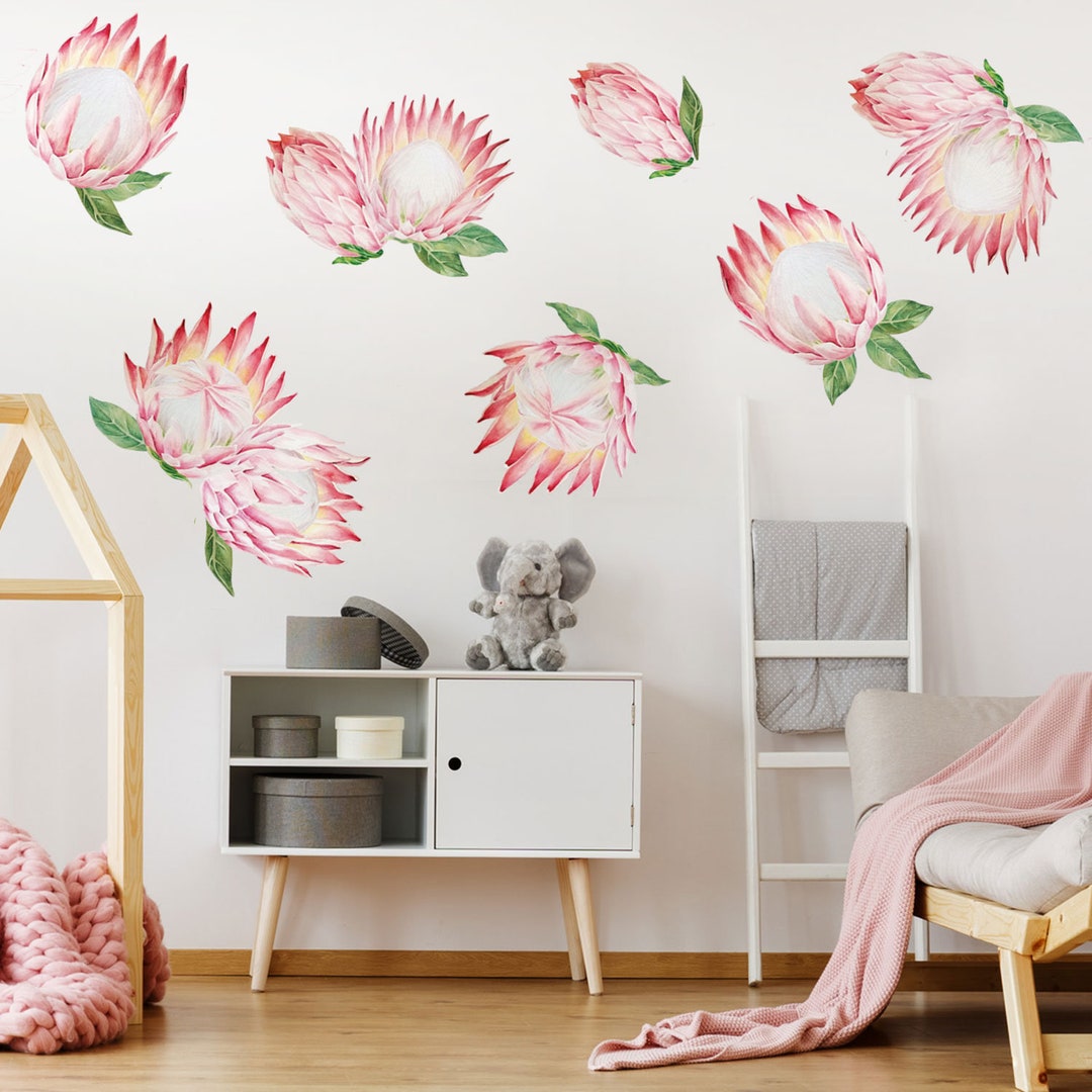 King Protea Watercolor Wall Decal Kit - Pink Flower Wall Decal by ...