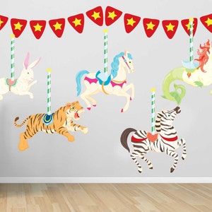 May include: A set of five colorful carousel animal wall decals. The decals feature a white horse, a zebra, a tiger, a rabbit, and a seahorse. The decals are perfect for adding a whimsical touch to any child's room.