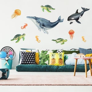 Illustrated Sea life Watercolor Wall Decal Kit Whale & Sea Turtle Wall Decal by Chromantics image 1