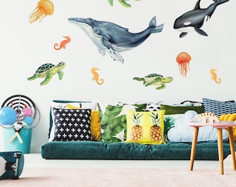 Illustrated Sea life Watercolor Wall Decal Kit - Whale & Sea Turtle Wall Decal by Chromantics