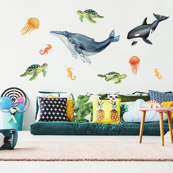 Watercolor Blue Whale Painting Wall Fabric Decal Set Sticker Baby
