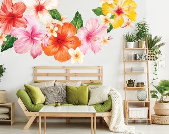 Tropical Hibiscus & Plumeria Watercolor Wall Decal - Tropical Hawaiian Flower Wall Mural by Chromantics