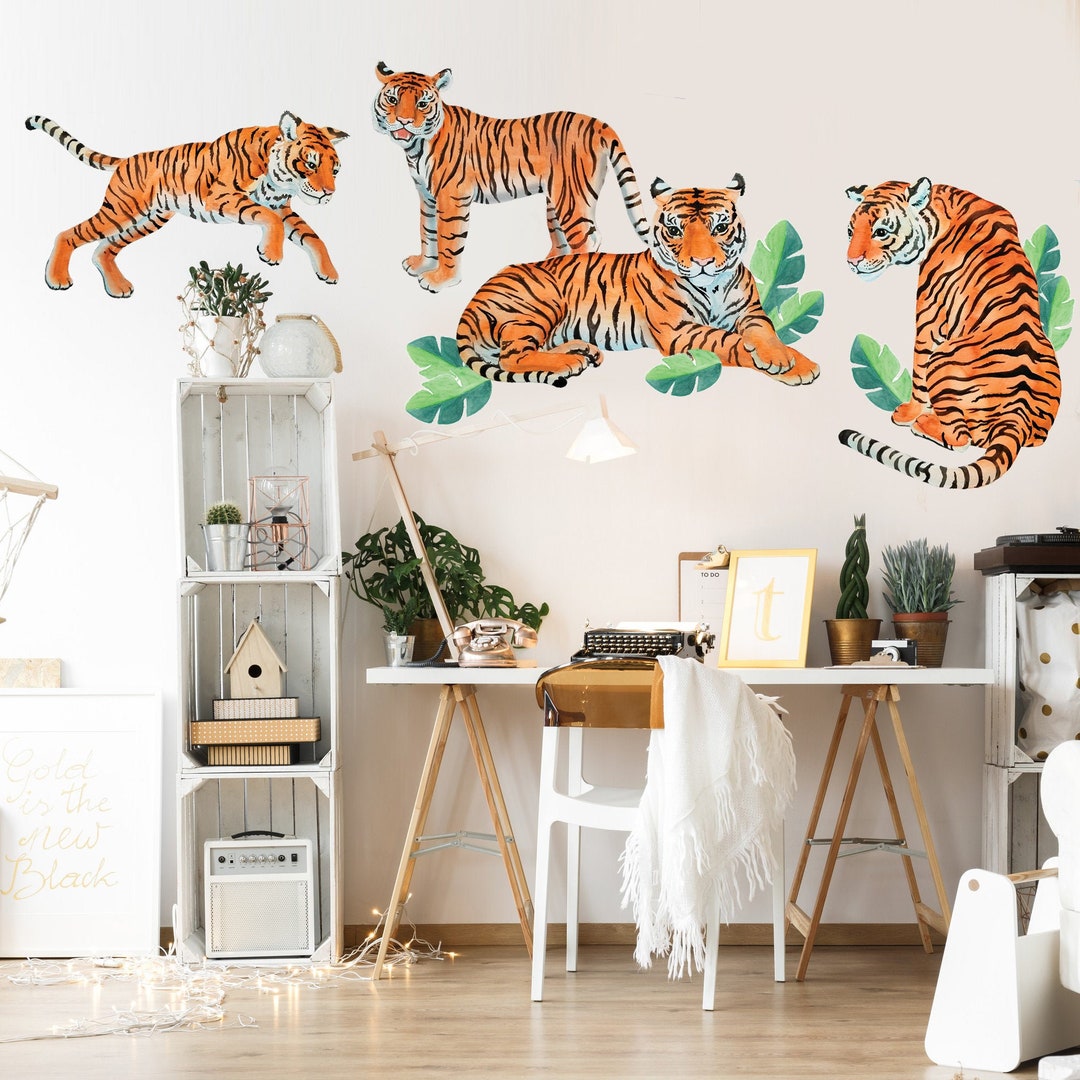 Exotic Tiger Watercolor Wall Decal Sticker Set- Jungle Theme Nursery ...