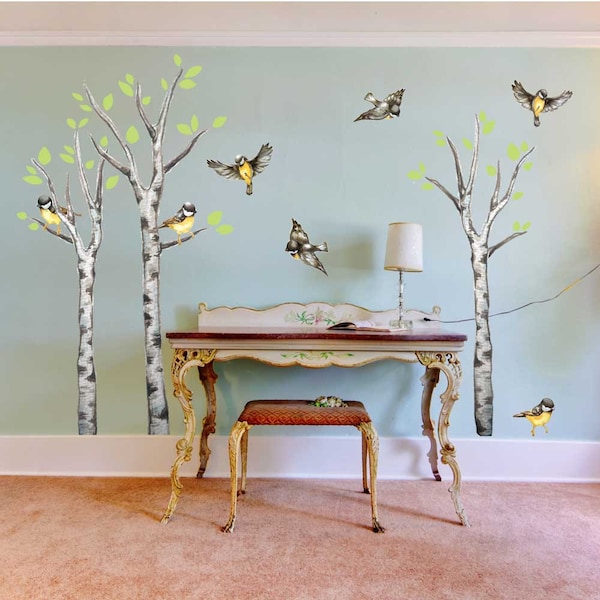 Flying Birds and Birch Trees Watercolor Wall Decal Kit - Forest Decor Nature Wall Decal by Chromantics